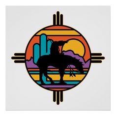 the silhouette of a cowboy on a horse in front of mountains and cactuses poster