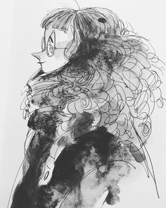 a black and white drawing of a woman with her hair blowing in the wind,