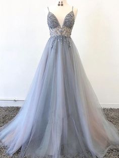 A Line V Neck Silver Grey Tulle Beaded Long Prom Dresses, Silver Grey Beaded Formal Graduation Evening Dresses Grey Evening Dresses, Popular Prom Dresses, Prom Dress Black, Grey Prom Dress, Sparkly Prom Dresses, Tulle Evening Dress, Beaded Prom Dress, Evening Dress Fashion, Pretty Prom Dresses