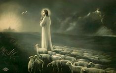 a painting of jesus standing in front of a flock of sheep