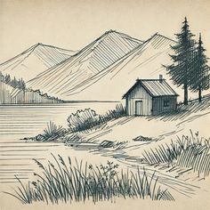 an ink drawing of a house by the water with mountains in the background and trees