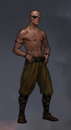 a drawing of a man with no shirt on standing in front of a cloudy sky