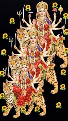 an image of goddesss and tigers on a black background