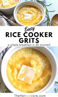 two bowls filled with rice cooker grits on top of a table