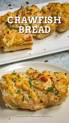 Crawfish Bread served on a plate Cheesy Crawfish Bread, Cajun Crawfish Bread, Crawfish Mashed Potatoes, Crawfish Bread Recipe New Orleans, Crawfish Julie Recipe, Crawfish Sausage Recipes, Meals With Crawfish Tails, Crawfish Grilled Cheese Sandwich, Fried Crawfish Recipes