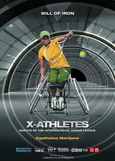 a man in a wheel chair holding a tennis racquet on top of a poster