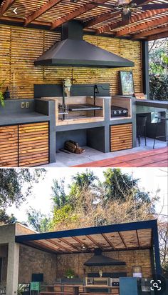 an outdoor kitchen that is built into the side of a building with wood slats on it