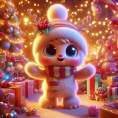 a cartoon character standing in front of christmas decorations