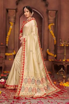 Latest Silk Sarees, Wedding Saree Collection, Designer Silk Sarees, Indian Wedding Wear, Silk Saree Blouse, Designer Sarees Online, Bridal Sarees, Embroidery Suits Design, Cream Silk