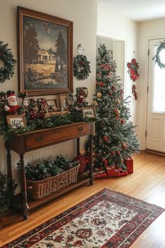 christmas trees and other holiday decorations in a living room