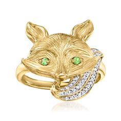 Ross-Simons - .10ct t. w. Diamond Fox Ring, Tsavorite Accents Over Sterling. Size 6. Here's a real fancy fox! The curious forest creature flaunts a fabulous .10 ct. t. w. round diamond tail and bright tsavorite-accented eyes. Crafted in 18kt yellow gold over sterling silver. 3/4" wide. Diamond fox ring. Diamond birthstones are the perfect gift for April birthdays. Fox Jewelry Ring, Tsavorite Ring, Fox Ring, Diamond Ring Cuts, Pear Shaped Ring, Diamond Birthstone, Jewelry Essentials, Ring Diamond, Moissanite Diamonds