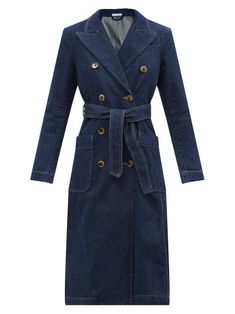 Bella Freud, Denim Trench Coat, Classic Trench Coat, 1970s Fashion, Denim Coat, Double Breasted Suit Jacket, Dark Denim, Waist Belt