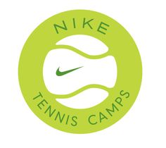 the nike tennis camps logo on a green circle with white and black lettering that says,'tennis camps '