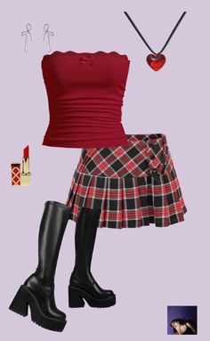 a red top, plaid skirt and black boots are featured in this fashion advert