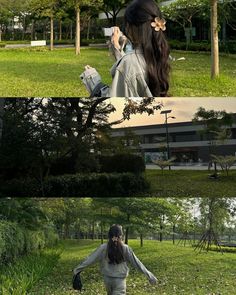 two different pictures of a woman walking in the grass