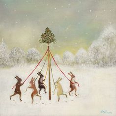 a painting of rabbits playing around a christmas tree