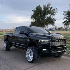 a large black truck parked on the side of a road next to a tree and grass covered field