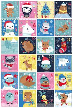 a collage of christmas cards with animals and snowflakes on them, all in different