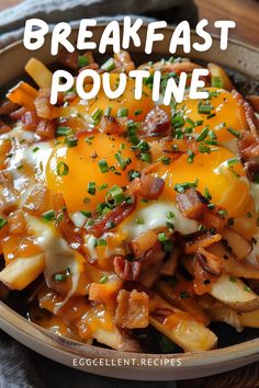 breakfast poutine with bacon and cheese in a bowl