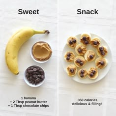 two pictures showing different foods that include bananas, peanut butter, and chocolate chips on the same plate