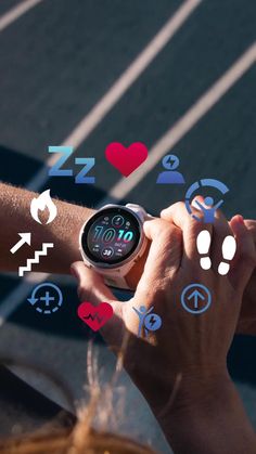 a person holding a smart watch in their hand with icons coming out of the screen