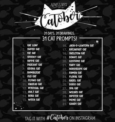 a black and white poster with the names of cats