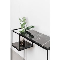 a black table with a plant and vase on it next to a white wall in the corner