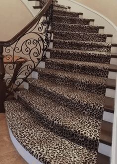 a staircase with leopard print carpet and metal handrails