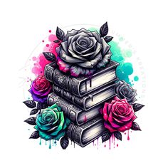 a stack of books with roses and leaves on top of each book is surrounded by watercolor splashes