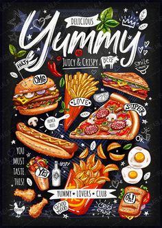 a chalkboard poster with different types of food on it and the words yummy written in