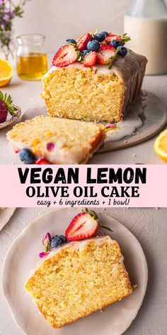 vegan lemon olive oil cake with fresh fruit on top