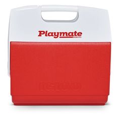 the igloo playmate cooler is red and white with a logo on it