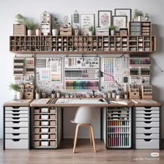 a desk with lots of drawers and pictures on the wall