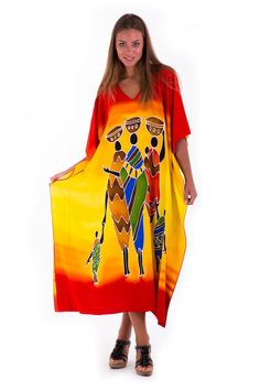 Enjoy your style even more. This long kaftan dress is great to wear out and make a statement of your own style. Comfortable and lightweight, this tribal dress is perfect for lunch dates, beach vacations, and parties. Feel comfortable and fashionable. length 49.5” width is 41” Hand-painted Tribal Design Made from 100% soft rayon Hand wash in cold water, hang to dry Summer V-neck Maxi Dress With Batik Print, V-neck Batik Print Beach Dress, Summer V-neck Tunic With Vibrant Print, Printed Maxi Length Kaftan For Beach Party, Summer Batik Print Free Size Maxi Dress, Summer Free Size Batik Print Maxi Dress, Summer Batik Print Maxi Dress, Free Size, Bohemian Orange Dresses For Vacation, Summer Orange Short Sleeve Kaftan