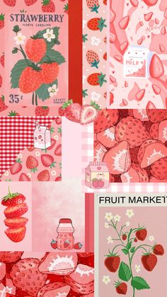 strawberrys and strawberries are arranged in four different images, each with the words fruit market on them