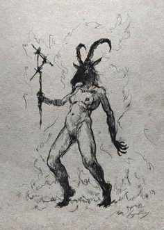 a black and white drawing of a demon holding an ax in one hand with two horns on his head