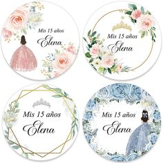 four round stickers with flowers and princess dresses on them, each one has the same name