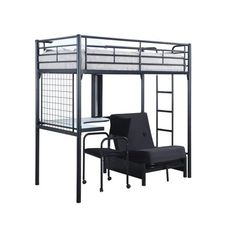 a bunk bed with a futon chair underneath it