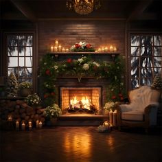 a living room decorated for christmas with lit candles and greenery on the mantel