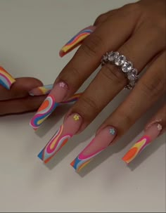 Colorful Baddie Nails, Summer Nail Inspo Black Women, Medium Summer Nails, Colorful Nails Black Women, Colorful Nail Designs Acrylics, Summer Freestyle Nails, Dope Nails Summer, Creative Nails Acrylic, Neon Swirl Nails Acrylic