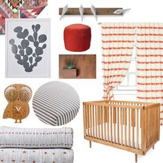 a baby's room is shown with various items including a crib, bedding and