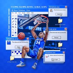 an image of a basketball player dunking the ball in front of a computer screen