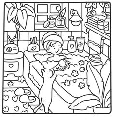 a black and white drawing of a girl in the kitchen