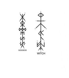 two symbols with the words witches and goddesss written in black ink on a white background