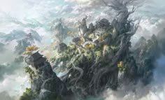 an island in the sky with trees on top and clouds around it, surrounded by mountains