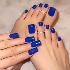 48-Piece Chic Blue Press-On Nails & Toenails Set - Glossy Short Square With Bonus Gel File Cute Toenail Colors, Gel Toe Nails Summer, Blue Nails And Toes, Matching Set Nails And Toes, Spring Toe Nails, Blue Toenails, Blue Nails Short, Blue Toe Nails, Royal Blue Nails