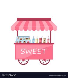 a pink cart with sweets and drinks for sale