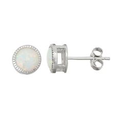 Enhance your ensemble with these charming sterling silver lab-created opal milgrain stud earrings.EARRING DETAILS Diameter: 7 mm Backings: post Metal: sterling silver Plating: rhodium Packaging: boxed STONE DETAILS Stone type: lab-created opal Total weight: 1 1/7 ct. Shape: round Setting: prong Gemstones may have been treated to enhance their appearance. Special care may be required.  Size: One Size. Color: White. Gender: female. Age Group: adult. Elegant Adjustable Opal Earrings, White Opal Earrings, Post Metal, Platinum Earrings, Types Of Earrings, Opal Earrings Stud, Opal Studs, White Jewelry, Opal Earrings