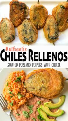 grilled chicken, rice and vegetables on a plate with text overlay that reads authentic chiles rellenos stuffed poblano peppers with cheese