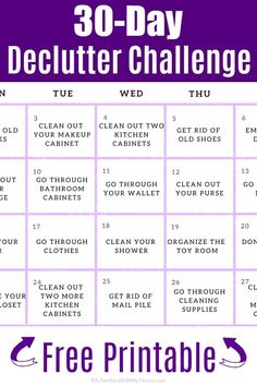 the 30 - day declutter challenge is shown in purple and white with an image of